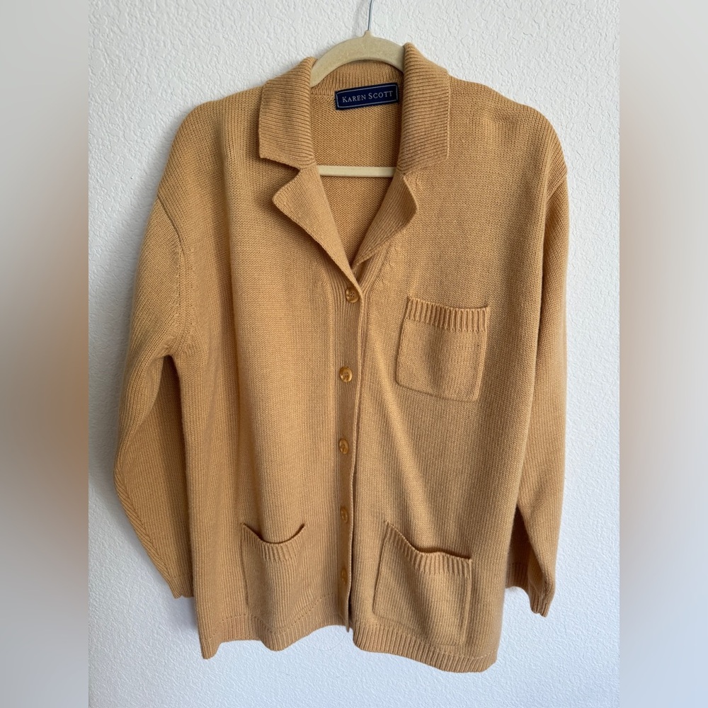 Vintage Karen Scott Camel Wool Button-Front Collared Cardigan